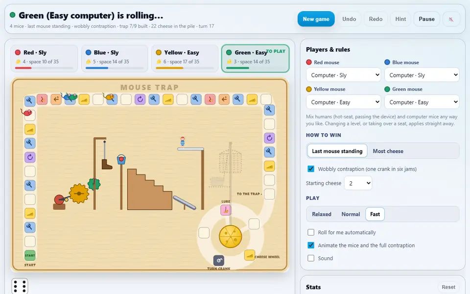 Mouse Trap mid-game with four computer mice spread round the board, the crank, gears, boot and stairs of the contraption built in the middle, the cheese counts above and the players and rules panel on the right