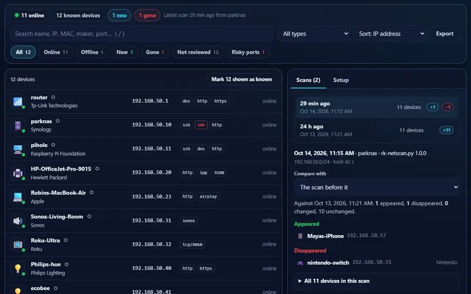 Network Scanner with twelve devices from a made-up home network (router, NAS, Pi-hole, printer, laptop, speaker, TV and smart-home gear) with their addresses and services, and the latest scan on the right: a phone appeared and a games console disappeared