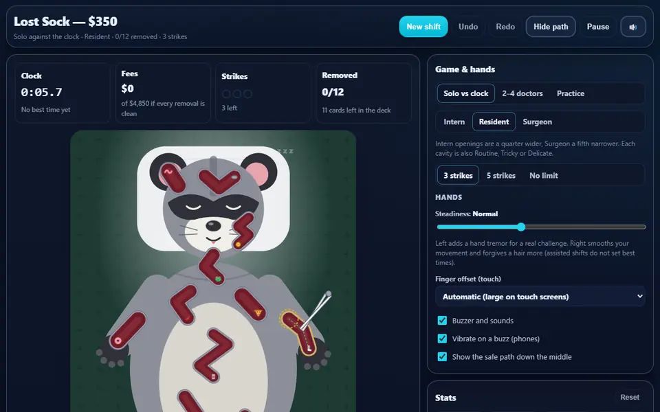 Operation on Rocky the raccoon: the tweezers steered partway down a glowing cavity along its dotted safe path, the called card and fee above, the clock, fees, strikes and removed counters, and the game settings on the right