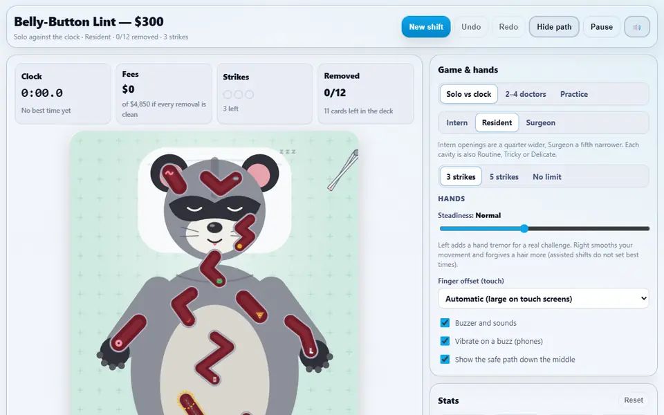 Operation on Rocky the raccoon: the tweezers steered partway down a glowing cavity along its dotted safe path, the called card and fee above, the clock, fees, strikes and removed counters, and the game settings on the right