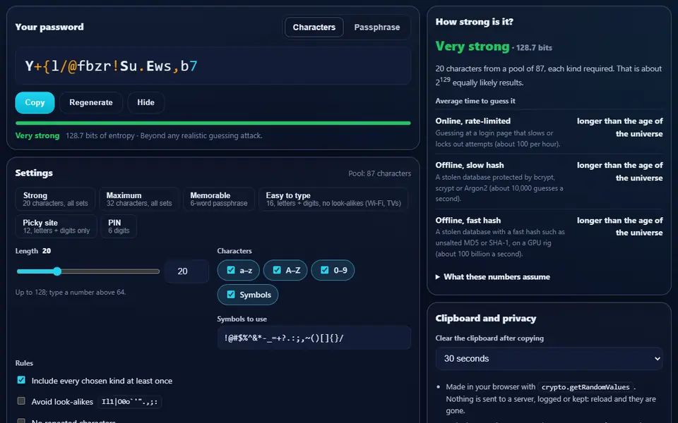 Password Generator showing a random 20-character password rated Very strong at 128.7 bits, the presets and character settings, and how long each kind of attack would take to guess it