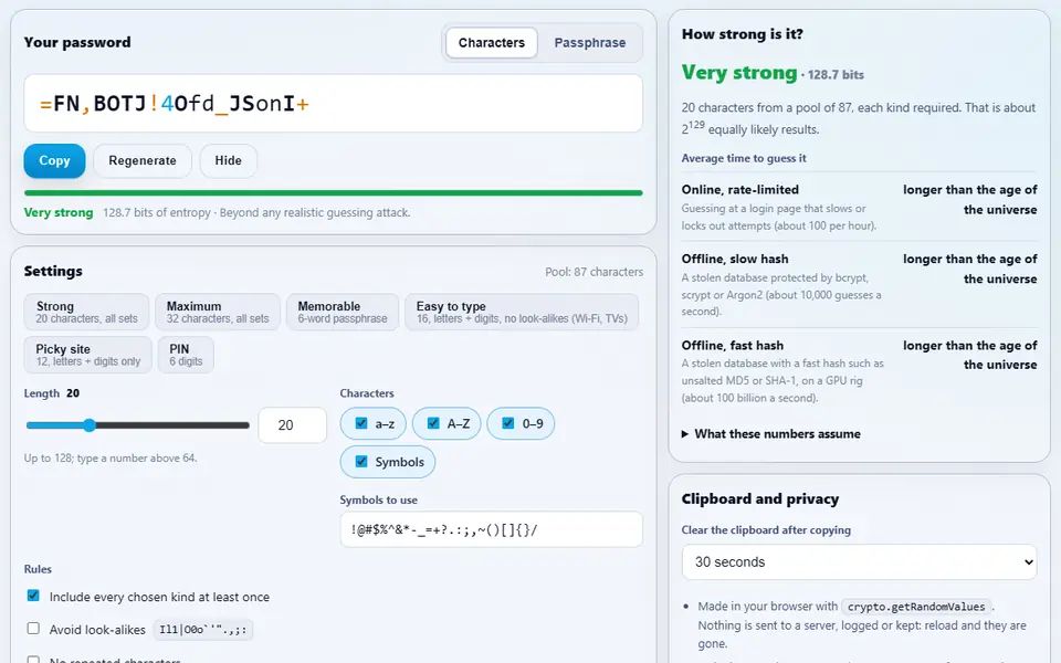 Password Generator showing a random 20-character password rated Very strong at 128.7 bits, the presets and character settings, and how long each kind of attack would take to guess it