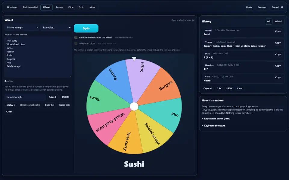Randomizer wheel with eight dinner options after a spin with the winner shown under it, the list beside it and a history of earlier draws, teams and dice rolls