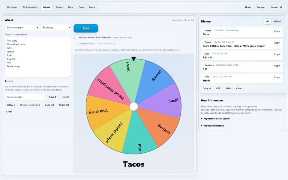 Randomizer wheel with eight dinner options after a spin with the winner shown under it, the list beside it and a history of earlier draws, teams and dice rolls