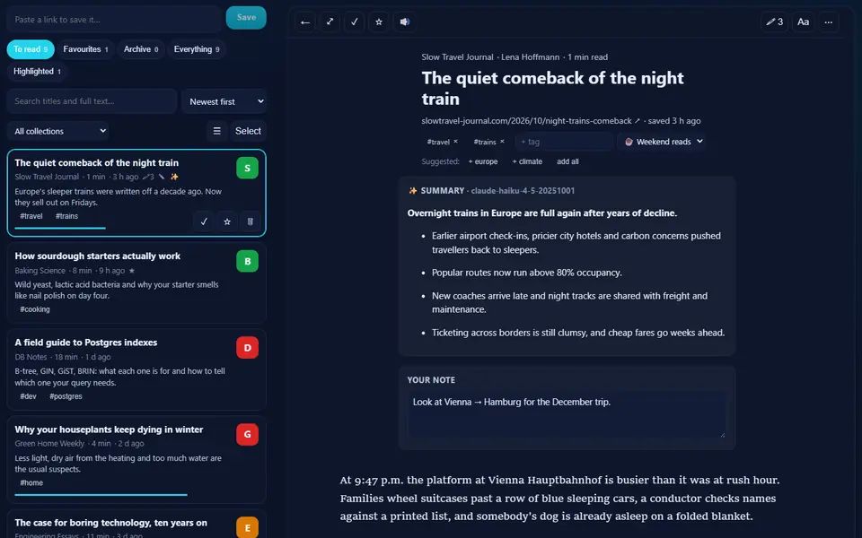 Read Later with saved articles in the To read list, each with its site, reading time and tags, two partly read; the night-train essay is open in the reader with its tags, suggested tags, an AI summary in bullet points and a personal note above the article text