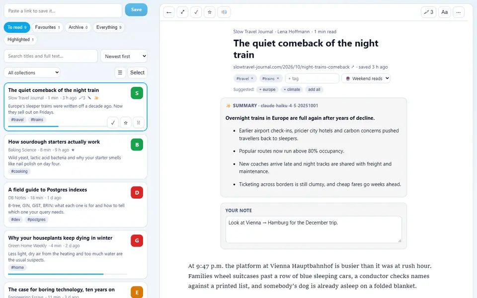 Read Later with saved articles in the To read list, each with its site, reading time and tags, two partly read; the night-train essay is open in the reader with its tags, suggested tags, an AI summary in bullet points and a personal note above the article text
