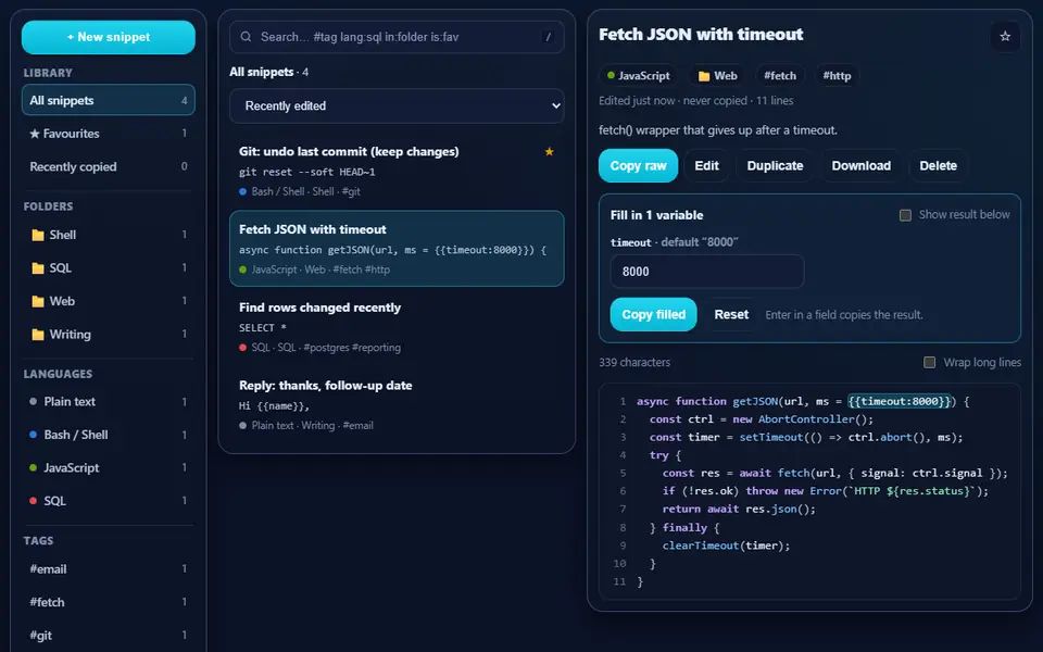 Snippet Vault with four snippets in folders and tags, a JavaScript fetch helper open on the right with a fill-in field for its timeout variable and syntax colours, and the library, folders and languages on the left