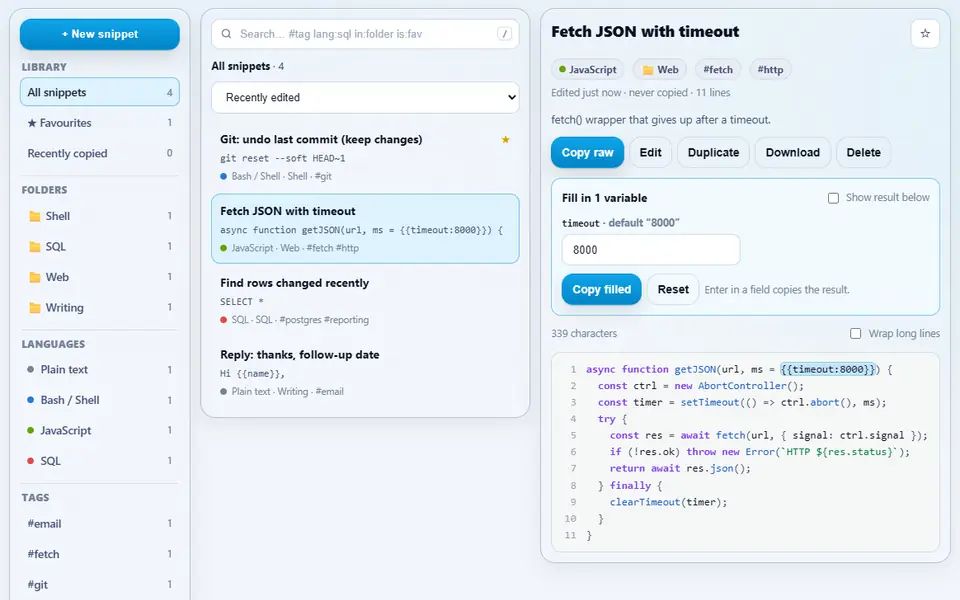 Snippet Vault with four snippets in folders and tags, a JavaScript fetch helper open on the right with a fill-in field for its timeout variable and syntax colours, and the library, folders and languages on the left