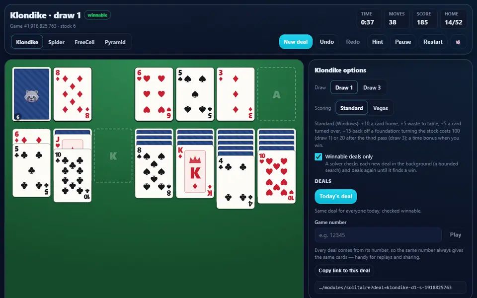 Klondike solitaire about thirty moves in on the green felt: cards building on the foundations, alternating-colour runs in the tableau with face-down cards still to turn, the time, moves and score above, and the deal options beside it