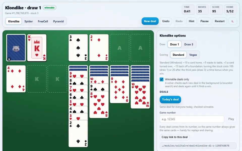Klondike solitaire about thirty moves in on the green felt: cards building on the foundations, alternating-colour runs in the tableau with face-down cards still to turn, the time, moves and score above, and the deal options beside it