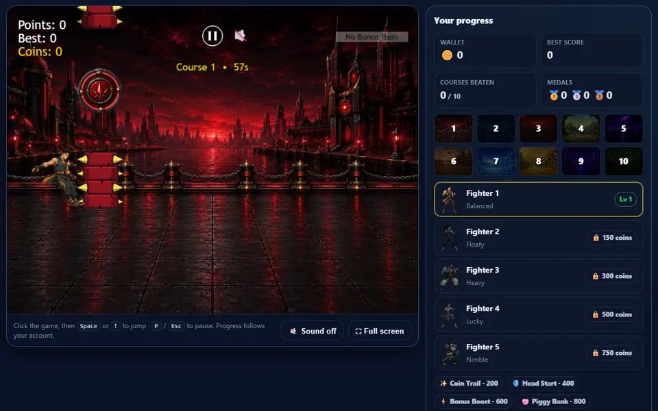 TapJump mid-run on course 1: a fighter jumping between spiked pillars over a red city, with the progress panel, course picker and fighters on the right