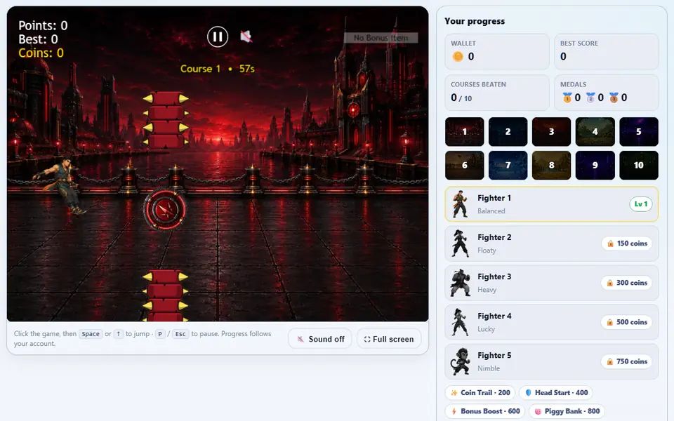 TapJump mid-run on course 1: a fighter jumping between spiked pillars over a red city, with the progress panel, course picker and fighters on the right