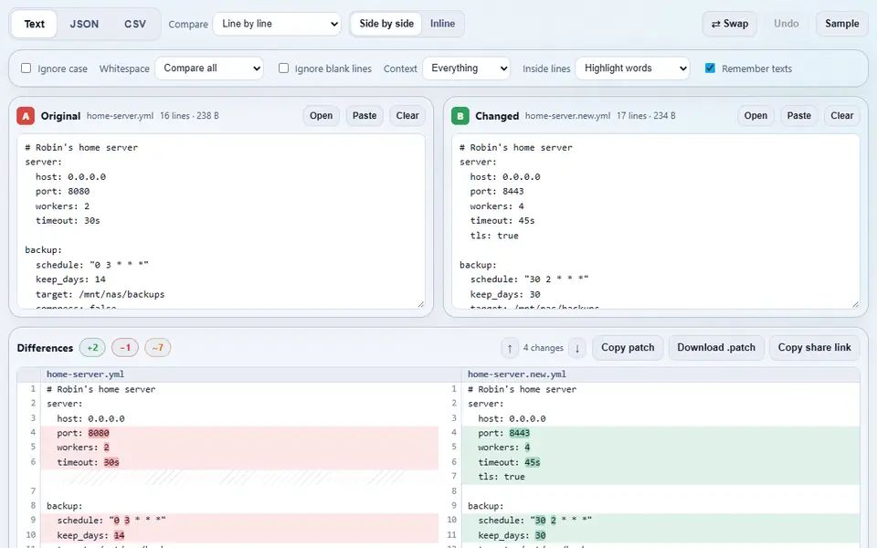 Text Diff comparing two versions of a home-server config side by side: changed ports, worker counts and backup settings highlighted word by word, new tls and verify lines in green and a removed log file line in red