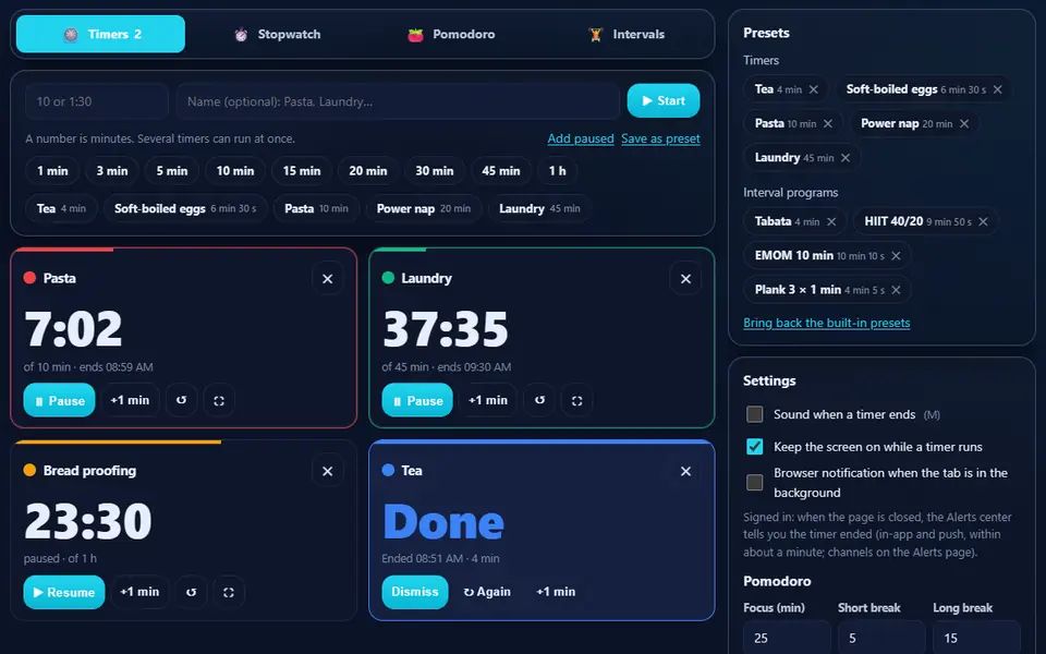 Timers with four named countdowns side by side: Pasta and Laundry running with time left and their end times, Bread proofing paused and Tea finished; quick timers and presets above, and the timer presets, interval programs and settings in the side column