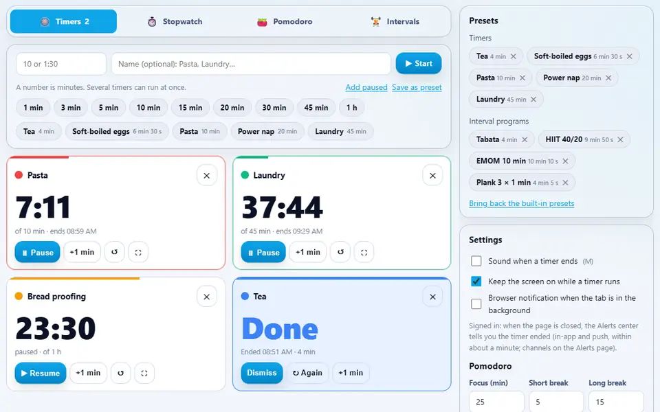 Timers with four named countdowns side by side: Pasta and Laundry running with time left and their end times, Bread proofing paused and Tea finished; quick timers and presets above, and the timer presets, interval programs and settings in the side column