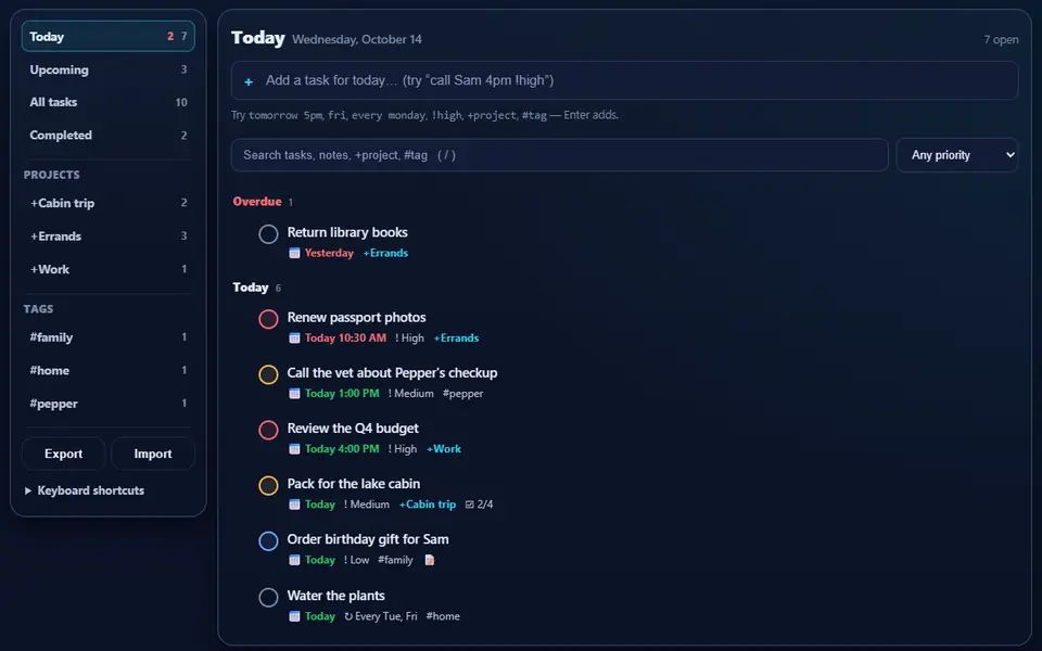 To-do Lite Today view with tasks due today and one overdue, priorities, times, projects, tags, subtasks and a weekly repeat, and projects in the sidebar