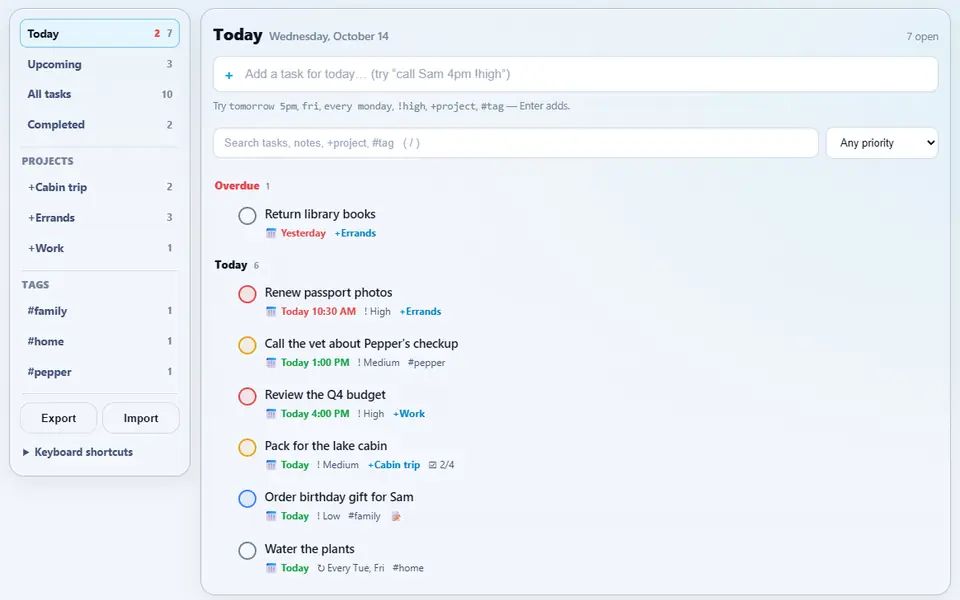 To-do Lite Today view with tasks due today and one overdue, priorities, times, projects, tags, subtasks and a weekly repeat, and projects in the sidebar