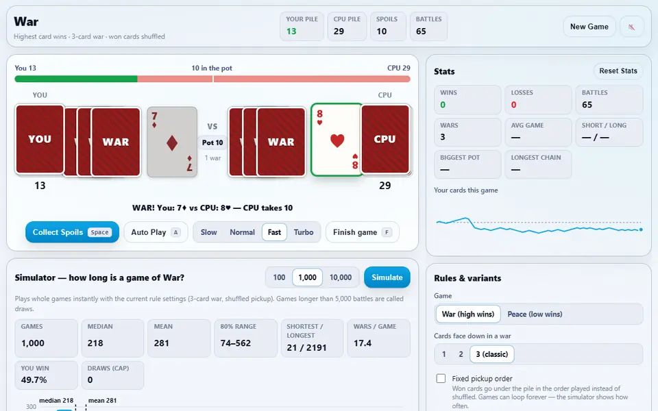 War mid-game: a war on the table with face-down cards and the deciding face-up cards for both sides, the pile tug-of-war bar, game stats and the simulator results for 1,000 games
